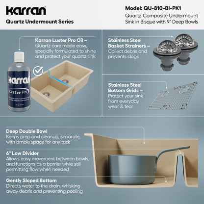 32-3/8" Undermount Double Equal Bowl Quartz Composite Kitchen Sink Kit In Bisque