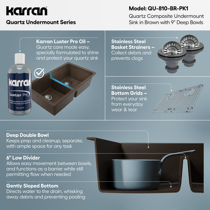 32-3/8" Undermount Double Equal Bowl Quartz Composite Kitchen Sink Kit In Brown