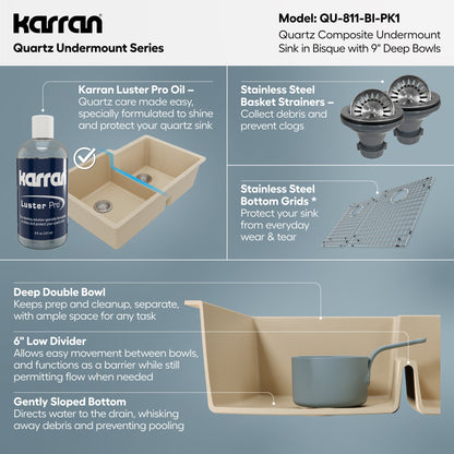32" Undermount Double Offset Bowl Quartz Composite Kitchen Sink Kit In Bisque