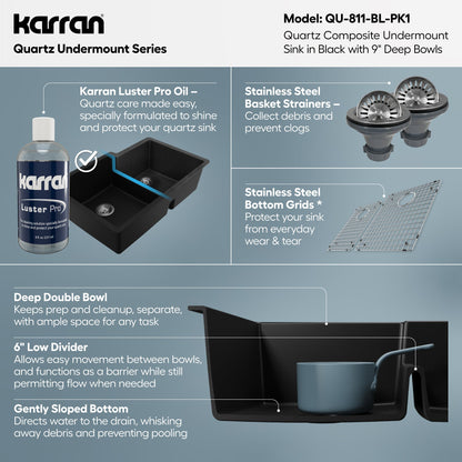 32" Undermount Double Offset Bowl Quartz Composite Kitchen Sink Kit In Black