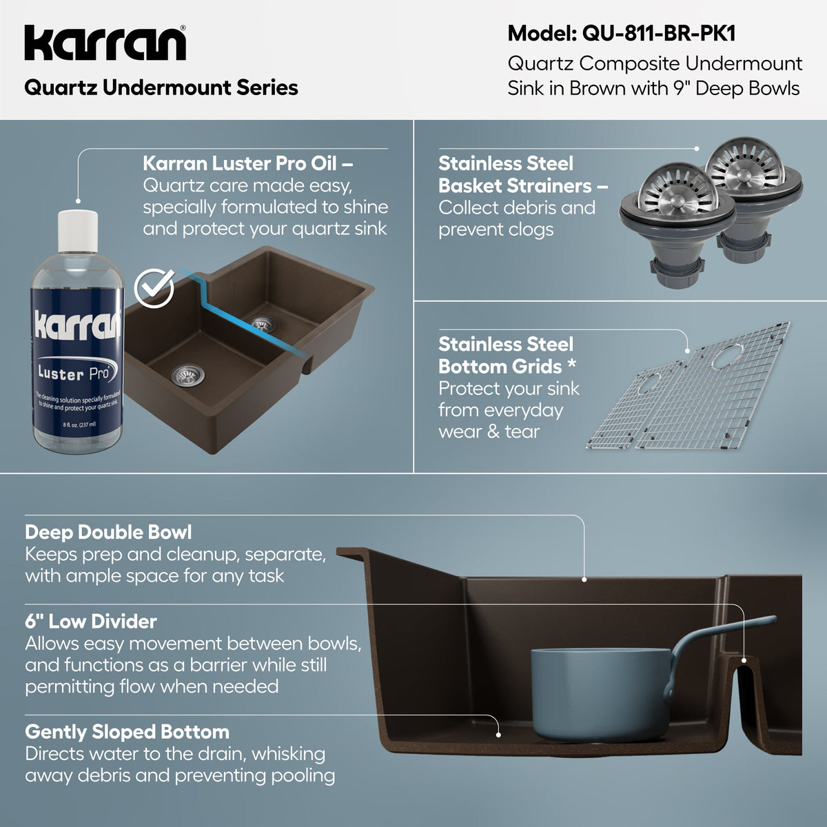 32" Undermount Double Offset Bowl Quartz Composite Kitchen Sink Kit In Brown