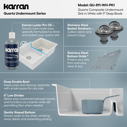 32" Undermount Double Offset Bowl Quartz Composite Kitchen Sink Kit In White