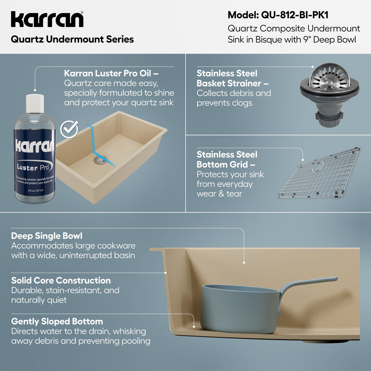 32-3/8" Undermount Large Single Bowl Quartz Composite Kitchen Sink Kit In Bisque