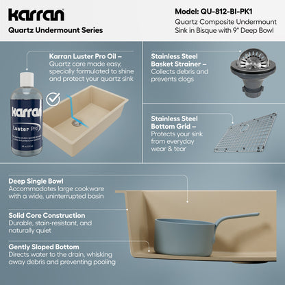 32-3/8" Undermount Large Single Bowl Quartz Composite Kitchen Sink Kit In Bisque