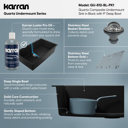 32-3/8" Undermount Large Single Bowl Quartz Composite Kitchen Sink Kit In Black