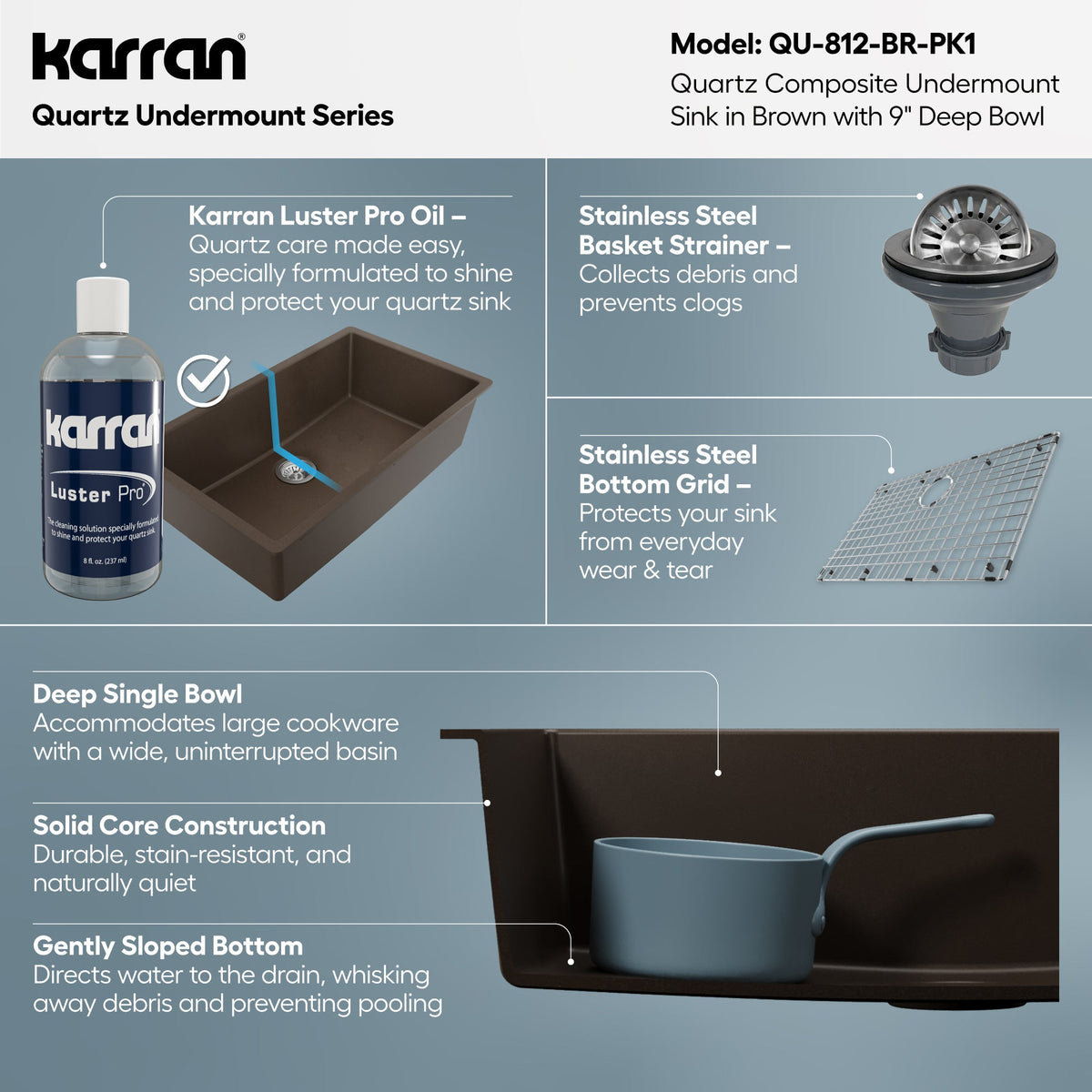 32-3/8" Undermount Large Single Bowl Quartz Composite Kitchen Sink Kit In Brown