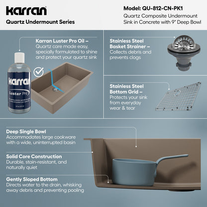 32-3/8" Undermount Large Single Bowl Quartz Composite Kitchen Sink Kit In Concrete