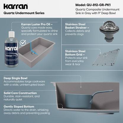 32-3/8" Undermount Large Single Bowl Quartz Composite Kitchen Sink Kit In Grey