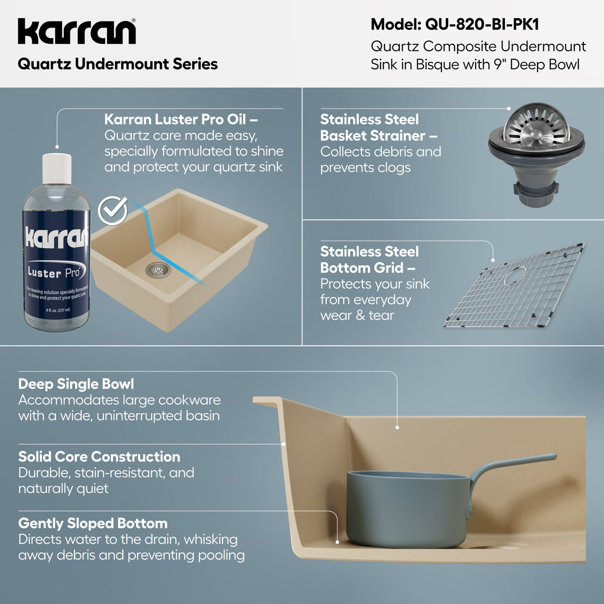 24-3/8" Undermount Single Bowl Quartz Composite Kitchen Sink Kit In Bisque
