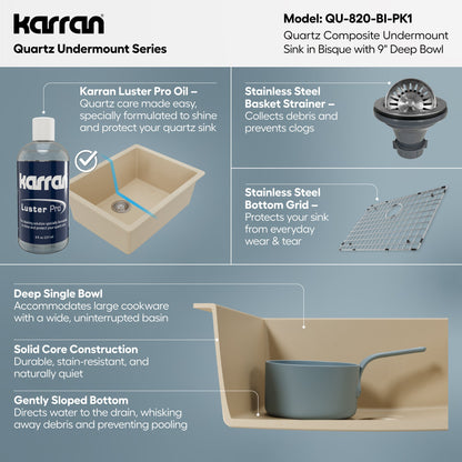 24-3/8" Undermount Single Bowl Quartz Composite Kitchen Sink Kit In Bisque