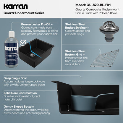 24-3/8" Undermount Single Bowl Quartz Composite Kitchen Sink Kit In Black