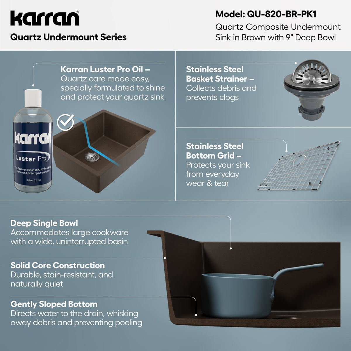 24-3/8" Undermount Single Bowl Quartz Composite Kitchen Sink Kit In Brown