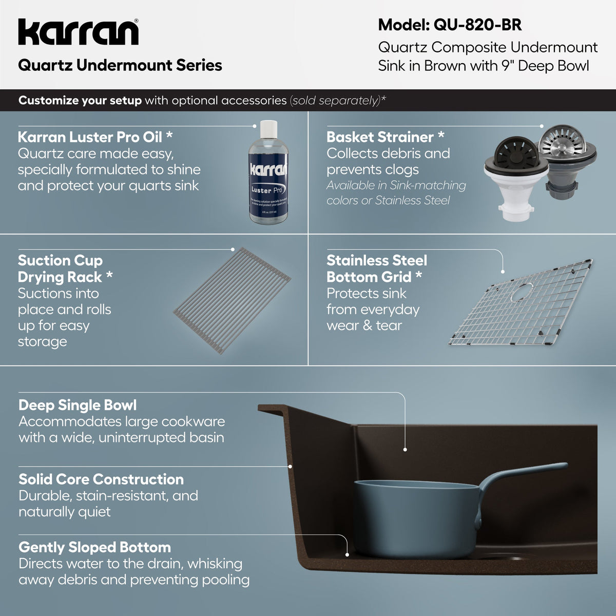 24-3/8" Undermount Single Bowl Quartz Composite Kitchen Sink In Brown
