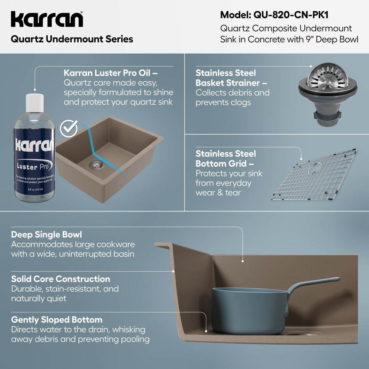 24-3/8" Undermount Single Bowl Quartz Composite Kitchen Sink Kit In Concrete