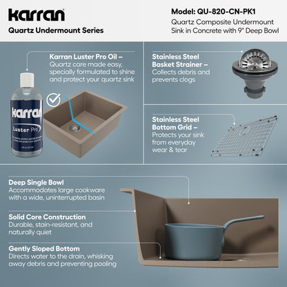 24-3/8" Undermount Single Bowl Quartz Composite Kitchen Sink Kit In Concrete