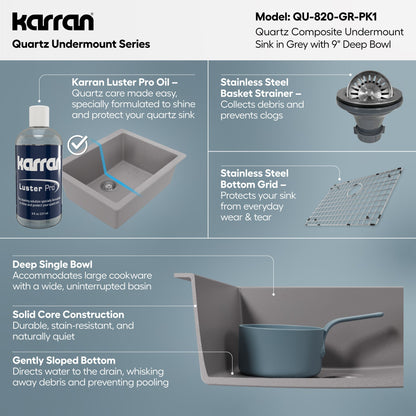 24-3/8" Undermount Single Bowl Quartz Composite Kitchen Sink Kit In Grey