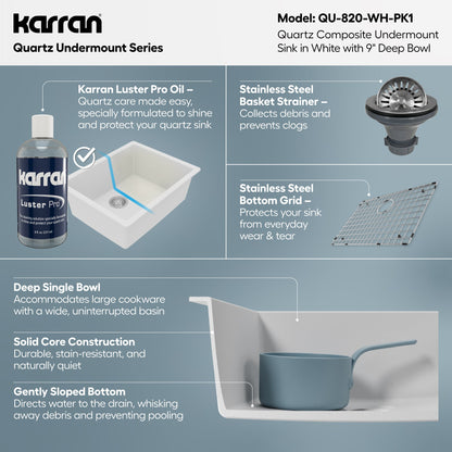 24-3/8" Undermount Single Bowl Quartz Composite Kitchen Sink Kit In White