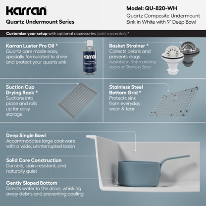 24-3/8" Undermount Single Bowl Quartz Composite Kitchen Sink In White