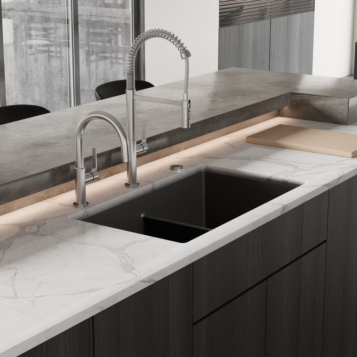 32-3/8" Undermount Double Equal Bowl Granite Kitchen Sink In Black