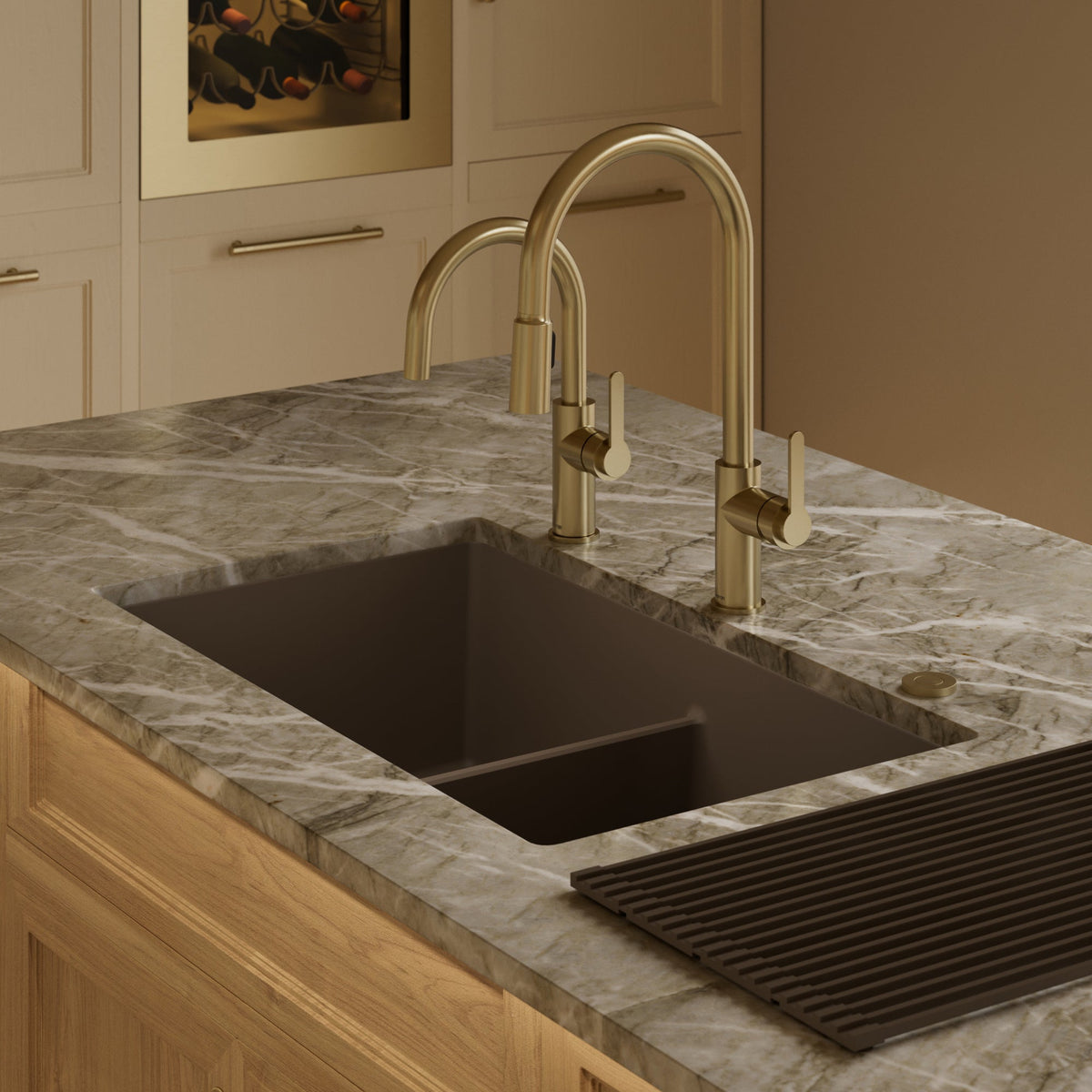 32-3/8" Undermount Double Equal Bowl Granite Kitchen Sink In Brown