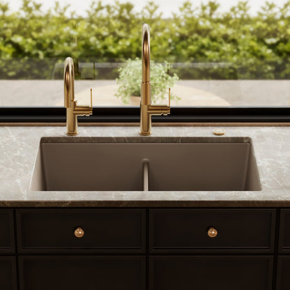 32-3/8" Undermount Double Equal Bowl Granite Kitchen Sink In Concrete