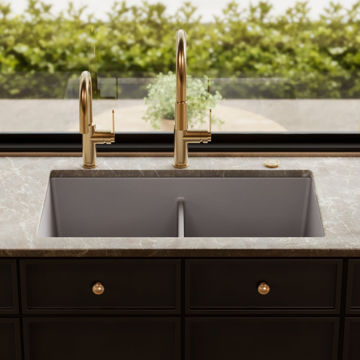 32-3/8" Undermount Double Equal Bowl Granite Kitchen Sink In Grey