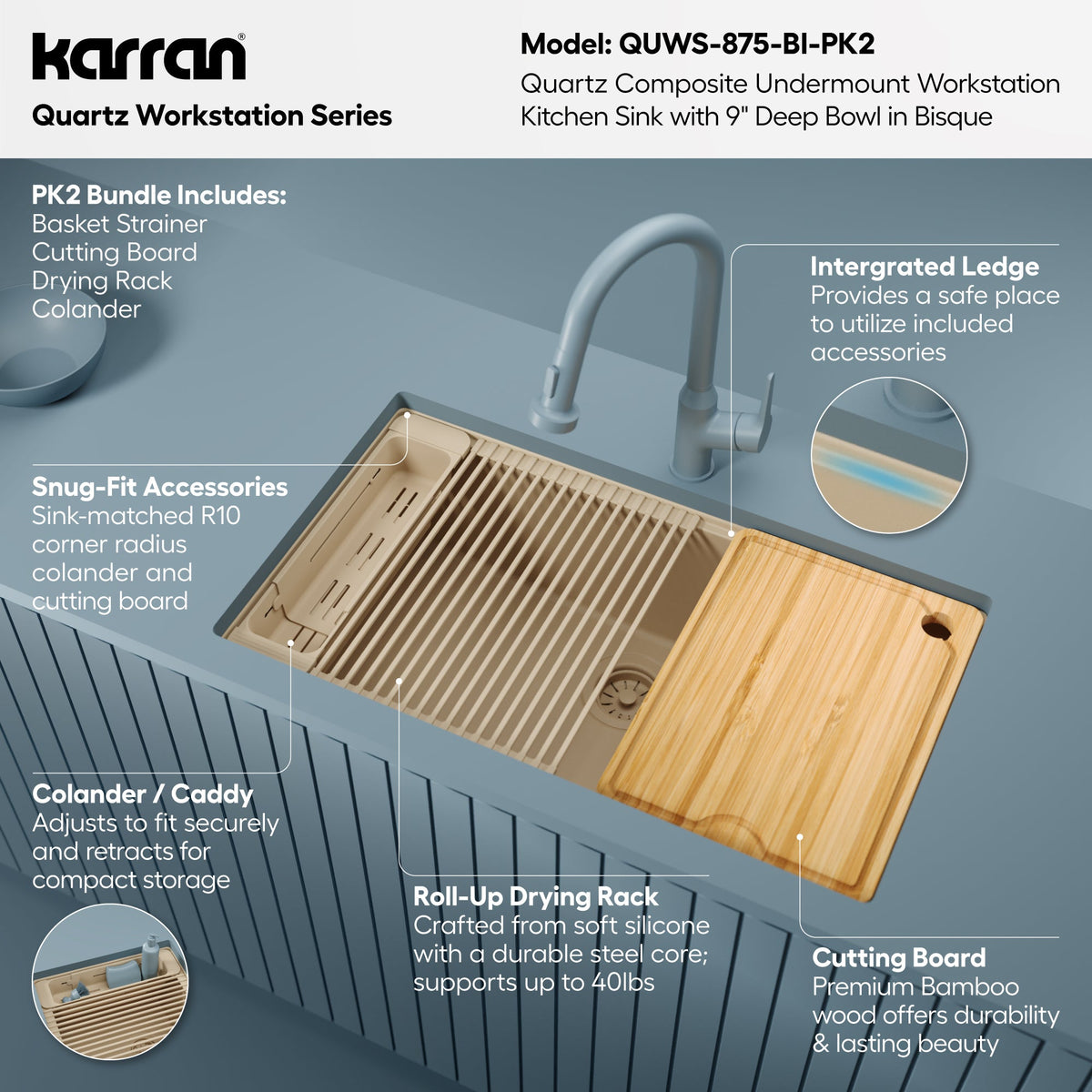 32" Undermount Single Bowl Quartz Kitchen Sink Kit In Bisque