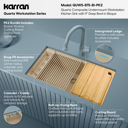 32" Undermount Single Bowl Quartz Kitchen Sink Kit In Bisque