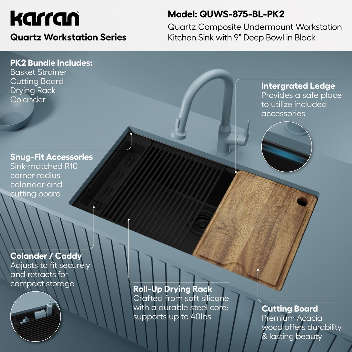32" Undermount Single Bowl Quartz Kitchen Sink Kit In Black