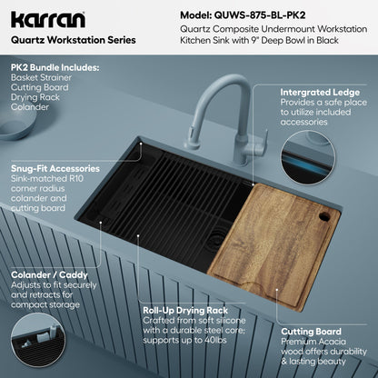 32" Undermount Single Bowl Quartz Kitchen Sink Kit In Black