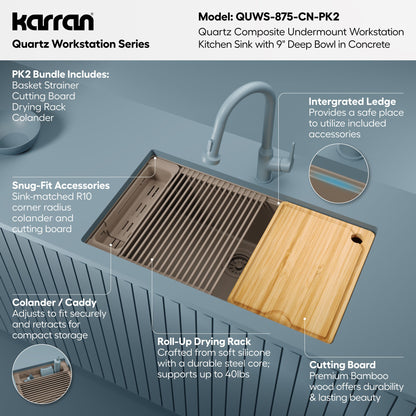 32" Undermount Single Bowl Quartz Kitchen Sink Kit In Concrete
