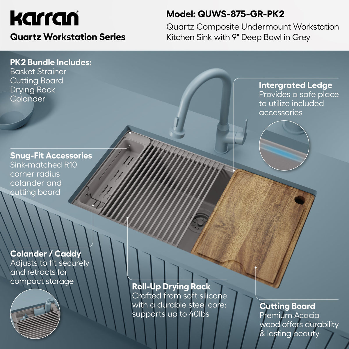 32" Undermount Single Bowl Quartz Kitchen Sink Kit In Grey
