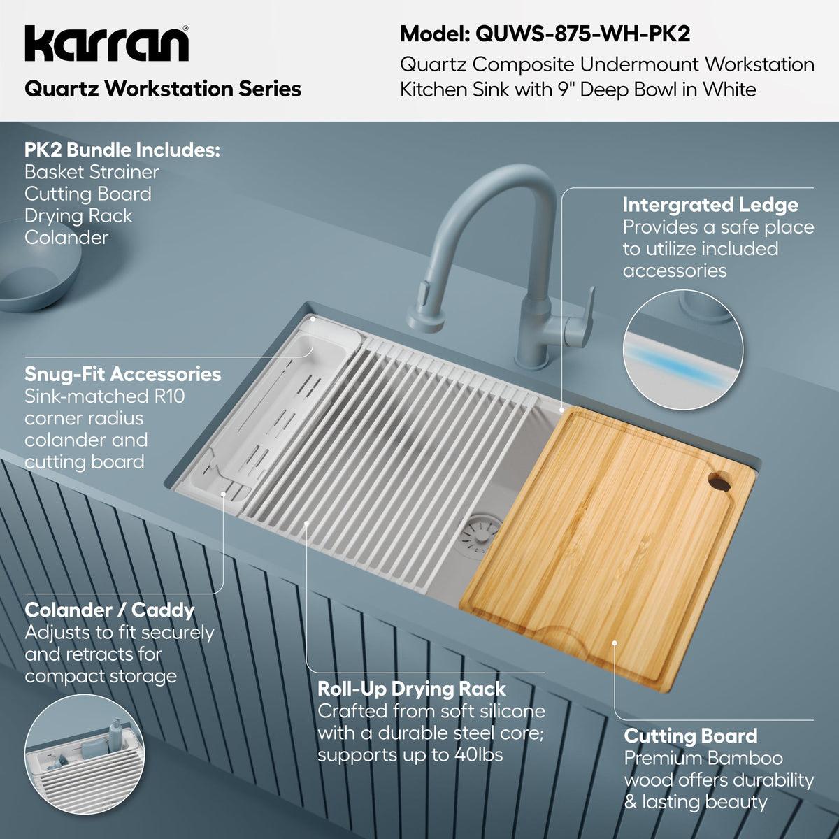 32" Undermount Single Bowl Quartz Kitchen Sink Kit In White