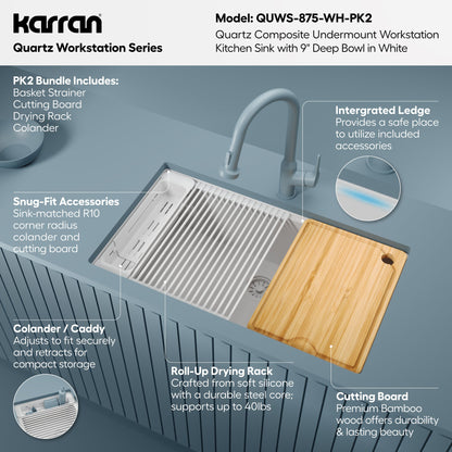 32" Undermount Single Bowl Quartz Kitchen Sink Kit In White