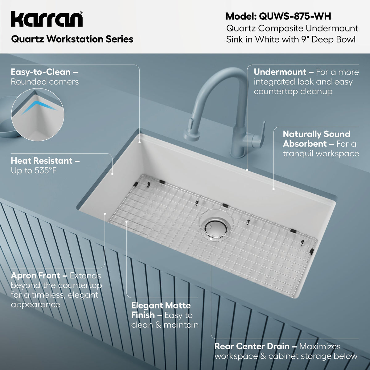 32" Undermount Large Single Bowl Quartz Composite Workstation Kitchen Sink In White