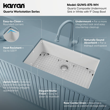 32" Undermount Large Single Bowl Quartz Composite Workstation Kitchen Sink In White