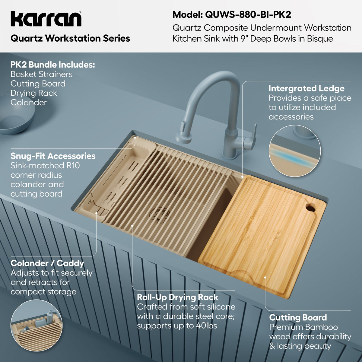 32" Undermount Double Bowl Quartz Kitchen Sink Kit In Bisque