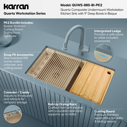 32" Undermount Double Bowl Quartz Kitchen Sink Kit In Bisque