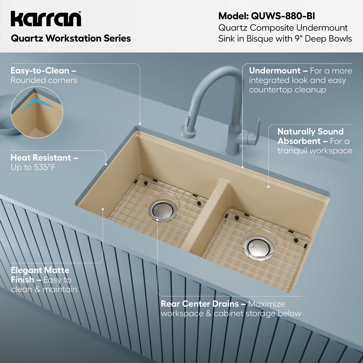 32-1/2" Undermount Double Equal Bowl Quartz Composite Workstation Kitchen Sink In Bisque