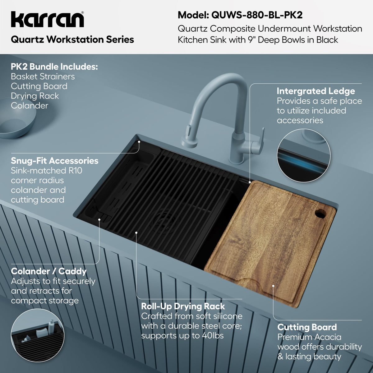 32" Undermount Double Bowl Quartz Kitchen Sink Kit In Black