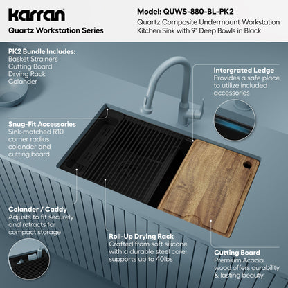 32" Undermount Double Bowl Quartz Kitchen Sink Kit In Black