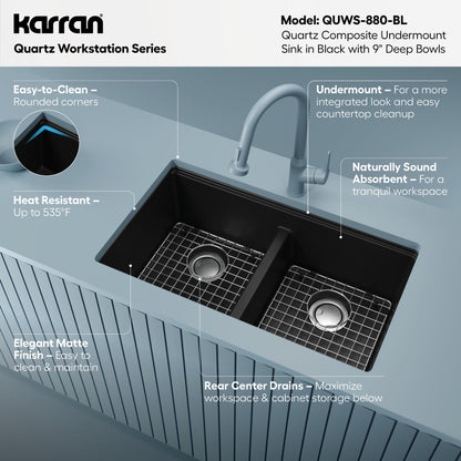 32-1/2" Undermount Double Equal Bowl Quartz Composite Workstation Kitchen Sink In Black