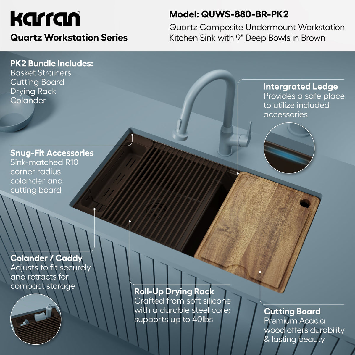 32" Undermount Double Bowl Quartz Kitchen Sink Kit In Brown