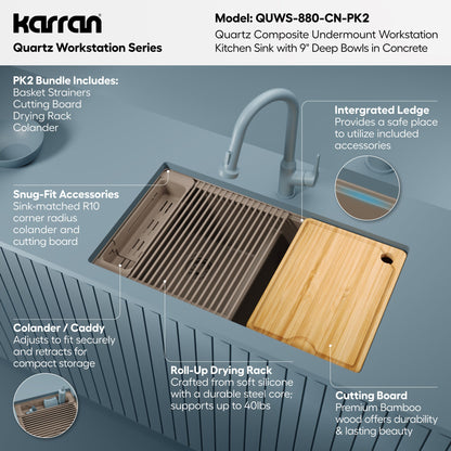 32" Undermount Double Bowl Quartz Kitchen Sink Kit In Concrete