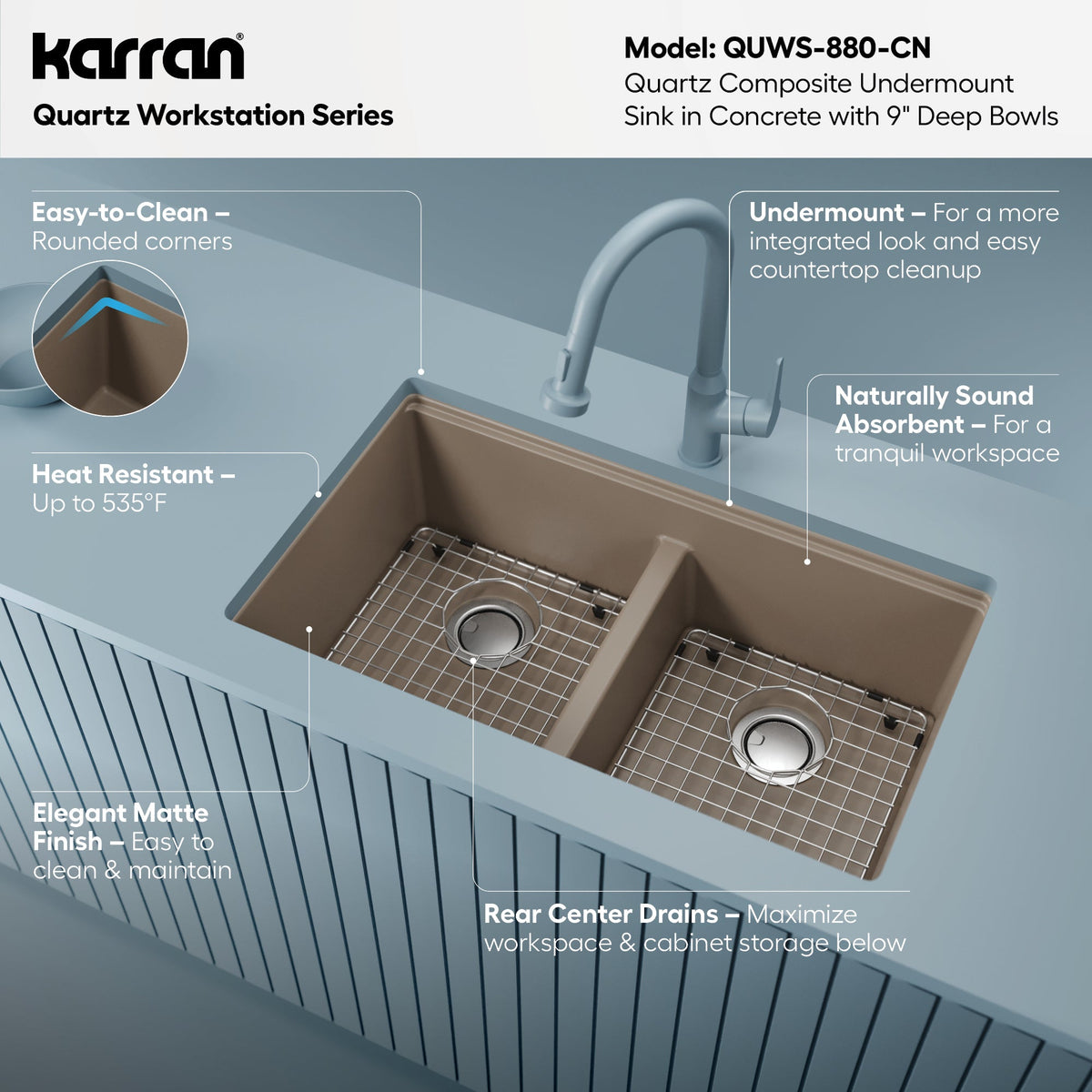 32-1/2" Undermount Double Equal Bowl Quartz Composite Workstation Kitchen Sink In Concrete