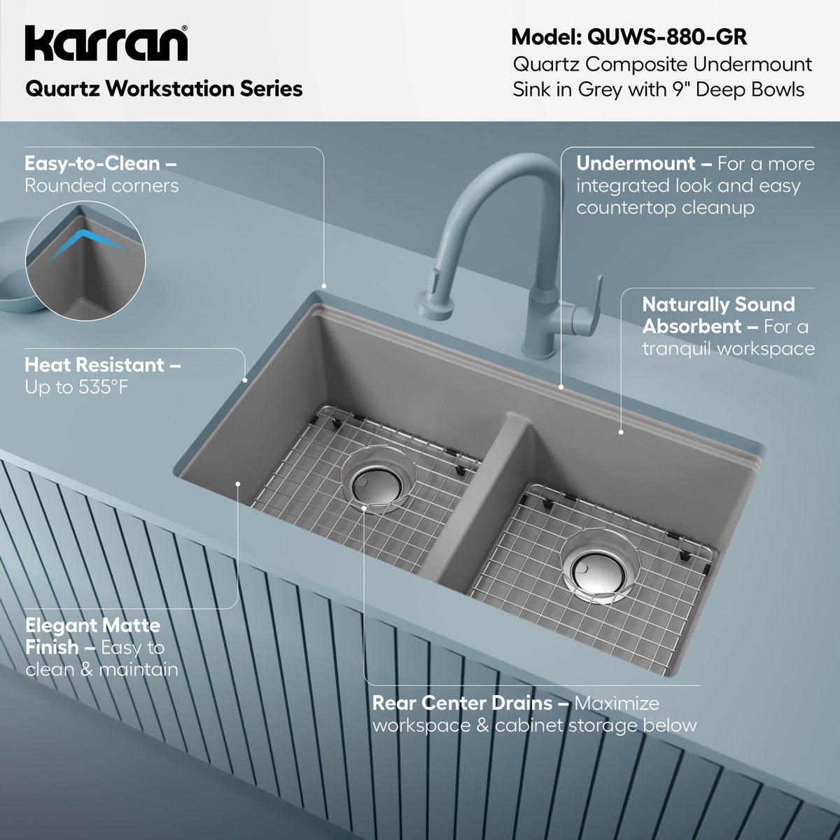 32-1/2" Undermount Double Equal Bowl Quartz Composite Workstation Kitchen Sink In Grey