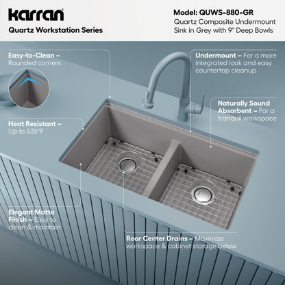 32-1/2" Undermount Double Equal Bowl Quartz Composite Workstation Kitchen Sink In Grey