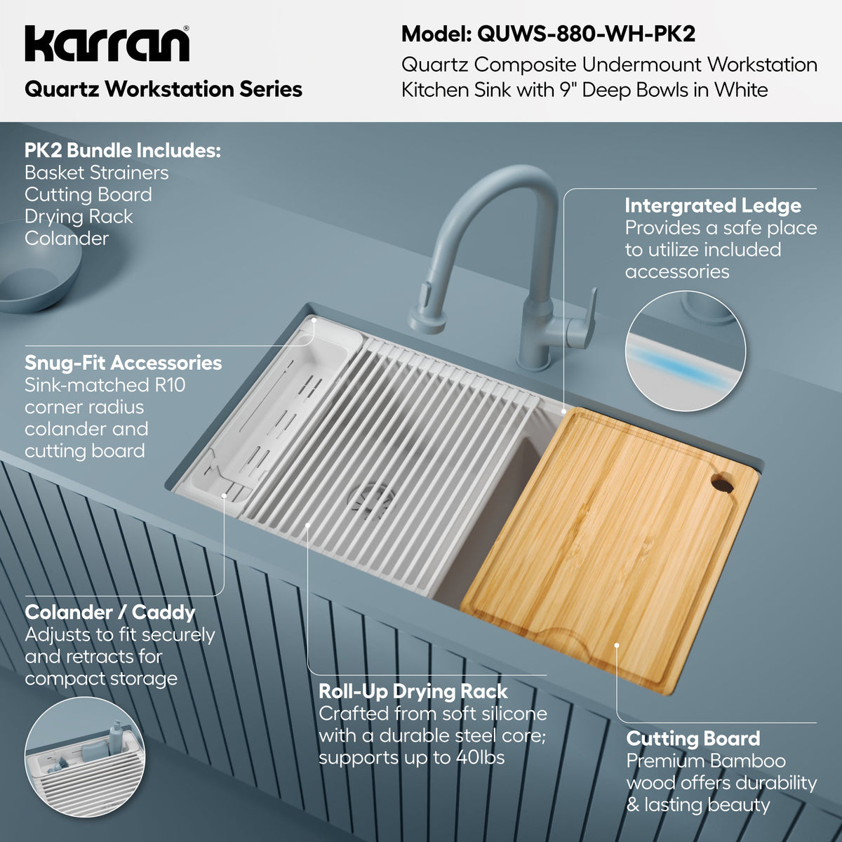 32" Undermount Double Bowl Quartz Kitchen Sink Kit In White