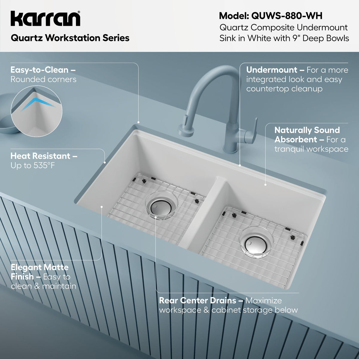 32-1/2" Undermount Double Equal Bowl Quartz Composite Workstation Kitchen Sink In White