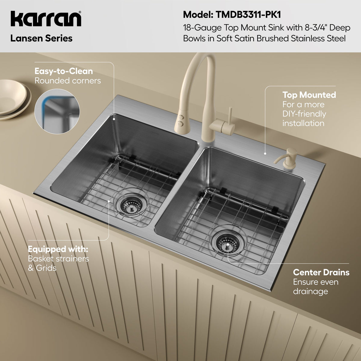 Lansen 33" Top Mount 18 Gauge Double Bowl Stainless Steel Sink with Accessories